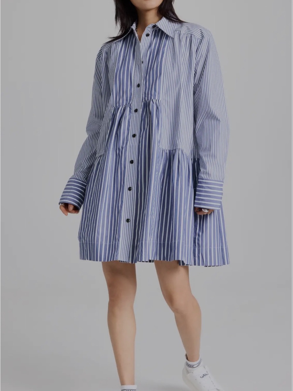 Ganni Blue and White Striped Mini Shirt Dress